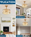 Crystal Caged Ceiling Fan With Light Remote Control 18 Inch Fandelier Chandelier displayed in living, dining, and bedroom.