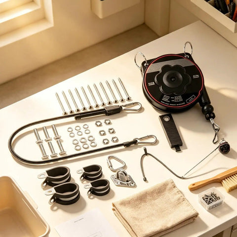 Universal EV Charger Retractable Cord Reel Keeps Your Garage Cables Fly And Secure While Delivering Smooth Wall Mount Retraction, tools and mounting hardware on a table.