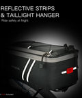 Rear Bike Rack Bag With Rain Cover Waterproof 7L 9L 10L 12L Pannier showing reflective strips and taillight hanger on bike.