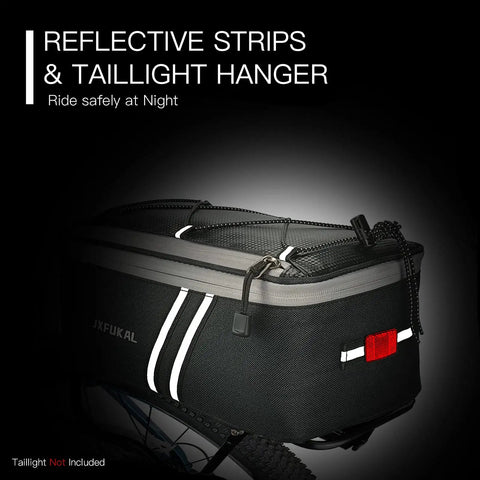 Rear Bike Rack Bag With Rain Cover Waterproof 7L 9L 10L 12L Pannier showing reflective strips and taillight hanger on bike.