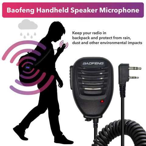 Rugged Shoulder Speaker Microphone For Ham Radio Clear Voice Transmission with UV 5R UV 82 compatibility next to silhouette illustration.