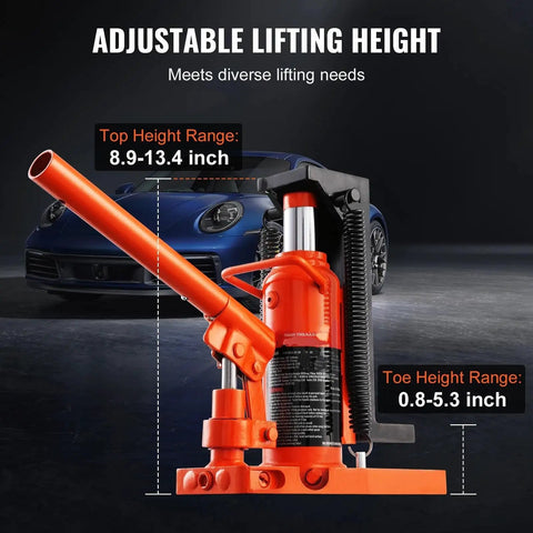 Heavy Duty 10 Ton Hydraulic Toe Jack For Pickup Trucks And Vans With Seamless Steel Frame showing adjustable lifting height range of 8.9-13.4 inch.