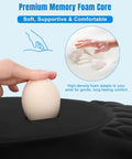 Close-up of black ergonomic mouse pad with wrist rest, showing memory foam support and hand pressing foam for comfort.