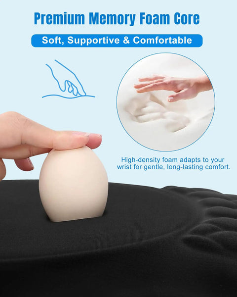 Close-up of black ergonomic mouse pad with wrist rest, showing memory foam support and hand pressing foam for comfort.