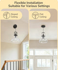 Killer Matte Black Pendant Light With Handcrafted Seeded Glass Shade For Kitchen Island Dining Table image showing installation on sloped and flat ceilings.
