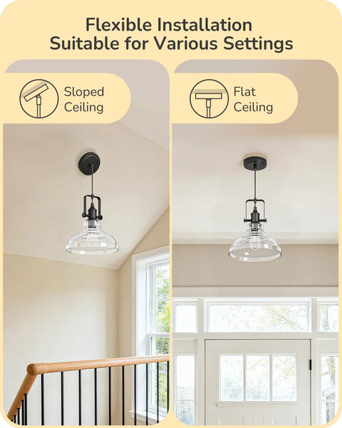 Killer Matte Black Pendant Light With Handcrafted Seeded Glass Shade For Kitchen Island Dining Table image showing installation on sloped and flat ceilings.