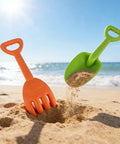 Large Beach Sand Toy Set With Two Shovels And Two Rakes In Mesh Bag Sixteen Point Five Inch Heavy Duty Plastic Four Piece Kit