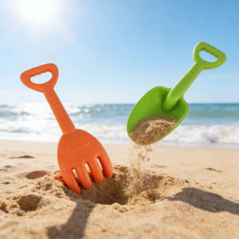 Large Beach Sand Toy Set With Two Shovels And Two Rakes In Mesh Bag Sixteen Point Five Inch Heavy Duty Plastic Four Piece Kit