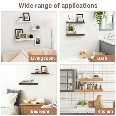 Heavy Duty Hidden Floating Shelf Brackets, 4 Inch Black Metal L Brackets With Smooth Edges used in living room, bath, bedroom, and kitchen.