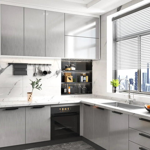 Modern kitchen with Metallic Silver Peel And Stick Contact Paper For Appliances and Kitchen Surfaces on cabinets.