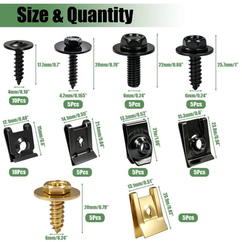 60 Piece Universal Heavy Duty U Nut Clips And Body Bolt Screw Fastener Assortment Kit Ten Size Mix for auto repair sizes displayed.