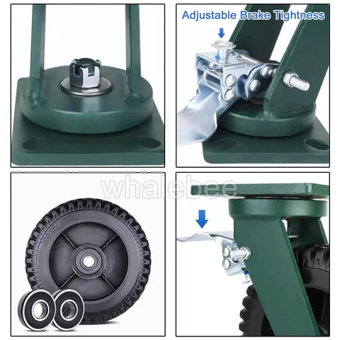 Heavy Duty Plate Casters 6 Inch And 8 Inch Swivel Rubber Caster Wheels With Brakes Industrial Set Of 4 showcasing adjustable brake mechanism and rubber wheels.