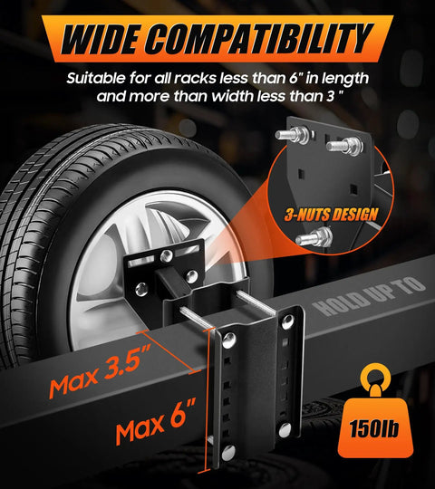 Heavy Duty Trailer Spare Tire Mount Carrier for Utility and Boat Trailers, Fits 4, 5, 6, and 8 Lug Wheels, Holds Up To 150 Lbs, Upgraded Three-Nut Lock System shown with tire mounted.
