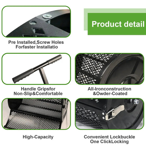 Product details of 16 Inch Compost Spreader And Peat Moss Spreader For Lawn Care with steel mesh basket and adjustable handle