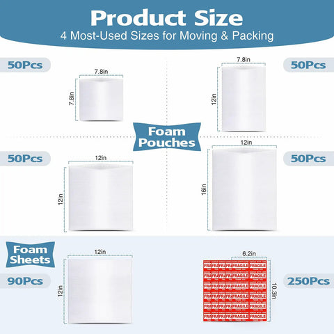 Image of Move Day Must Have Moving Dish Packing Supplies Kit With 540 Foam Pouches And Sheets In Four Sizes and 250 stickers.