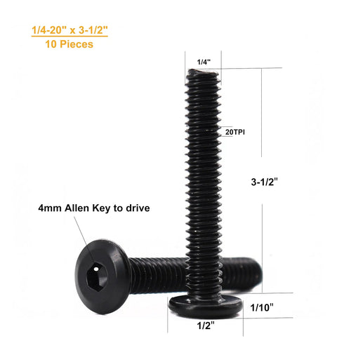 10 Pack Quarter Inch 20 Thread X 3 1/2 Inch Long Countersunk Socket Cap Bolts Black 304 Stainless Steel Rust Proof Hardware close-up view with measurements.