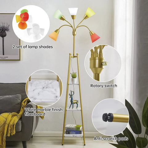 Medusa Multi Head LED Floor Lamp With Shelves, five adjustable goosenecks, ten shades, gold finish, marble shelves.