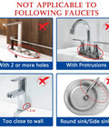 Diagram showing silicone faucet splash guard mat not suitable for multi-hole, protruding, close to wall, round sink faucets
