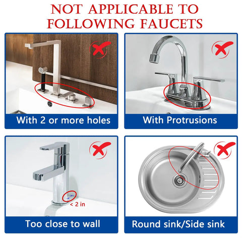 Diagram showing silicone faucet splash guard mat not suitable for multi-hole, protruding, close to wall, round sink faucets