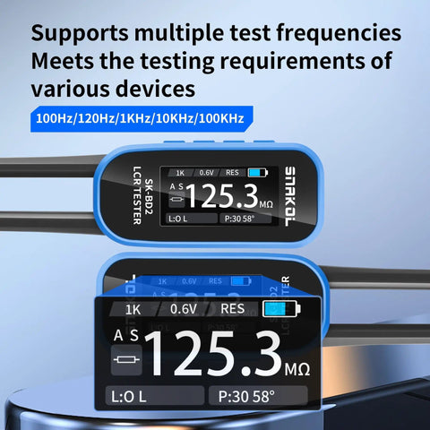 LCR Meter With Digital Multimeter Tweezers And Signal Generator, 100kHz SMD ESR Capacitor Tester with display showing test frequency.