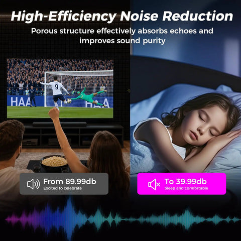 4 Pack Full Size 48X24 Acoustic Foam Panels Soundproof Wall Tiles Flame Retardant Dampener in a living room and bedroom setting.