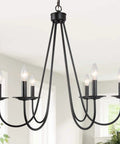 Black Six Light Farmhouse Chandelier With Candle Style Bulbs for dining room, 28-inch wide, 24.5-inch high iron arms, rustic look