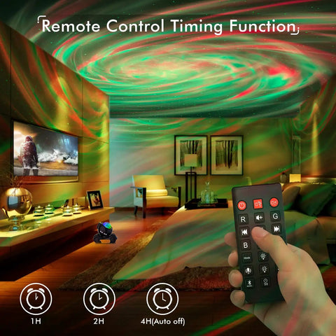 Room with Dope Galaxy Projector With Remote Control And Bluetooth Speaker Night Light, showing remote use and ceiling decor.