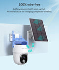 Solar Wireless Outdoor Security Camera 3MP With 2.4G WiFi, 360 Degree PTZ mounted on wall with solar panel in sun