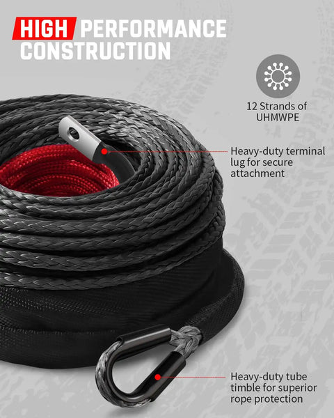 Heavy Duty Synthetic Winch Rope One Quarter Inch By 50 Foot With 10000 Lbs Break Strength For Off Road 4x4 ATV UTV Winch Cable Includes Forged Hook And Rubber Stopper coiled with terminal lug