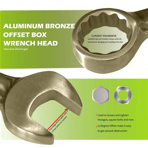 Close-up of aluminum bronze offset box wrench head from 50 Piece Non Sparking Tool Set Go To Pro Grade With Hammers, Pipe Wrenches.