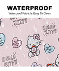 Hello Kitty waterproof fabric with cute characters and water droplets on pink background.