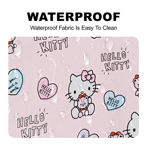 Hello Kitty waterproof fabric with cute characters and water droplets on pink background.
