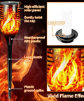 Solar Torch Light With Waterproof Outdoor Design Dusk To Dawn Auto On Off Flickering Flame Effect In Orange Glow.