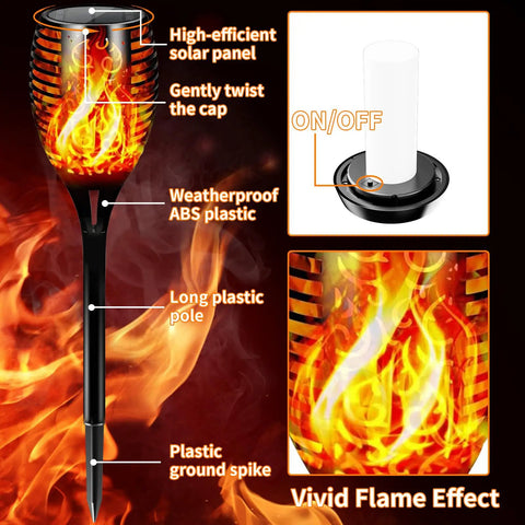 Solar Torch Light With Waterproof Outdoor Design Dusk To Dawn Auto On Off Flickering Flame Effect In Orange Glow.
