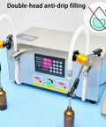 Heavy Duty Liquid Bottle Filler Machine With Digital Control And Dual Nozzles Delivers Effortless Drip Free Pours With No Sweat Featuring Reliable Foot Pedal System For Projects Up To 12 Liters with dual nozzles and control panel.
