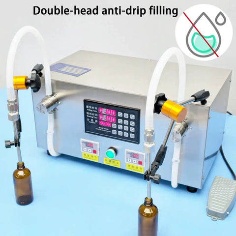 Heavy Duty Liquid Bottle Filler Machine With Digital Control And Dual Nozzles Delivers Effortless Drip Free Pours With No Sweat Featuring Reliable Foot Pedal System For Projects Up To 12 Liters with dual nozzles and control panel.