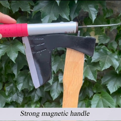 Japanese Weeding Tool With Magnetic Handle shown on a tree branch, featuring SK5 steel blade and soft rubber grip