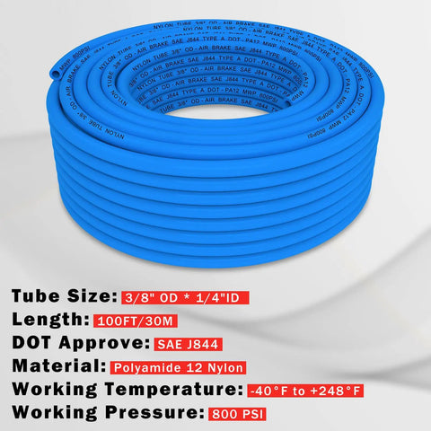 Image of Three Eighths Inch DOT Air Line Blue PA12 Nylon Pneumatic Tubing 100 Ft 30.5 M Heavy Duty Flexible Hose coiled with specs shown.