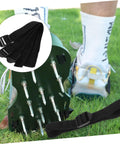 Adjustable Lawn Aerator Shoes Straps 8 Pack Heavy Duty Spiked Sandals demonstrating garden aeration on grass