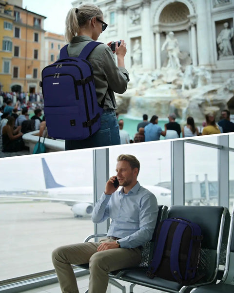 Go To Underseat Personal Item Travel Backpack With 10 Pockets And 180 Degree Opening 15.6 Inch Laptop Carry On Bag For Men And Women Navy Blue Fits United Airlines Cabin Size in city and airport scene.
