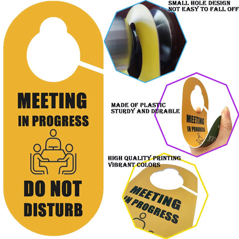 Double-Sided Meeting In Progress Door Sign pack of 2 in yellow PVC with 'Do Not Disturb' and 'Available' text for office use.