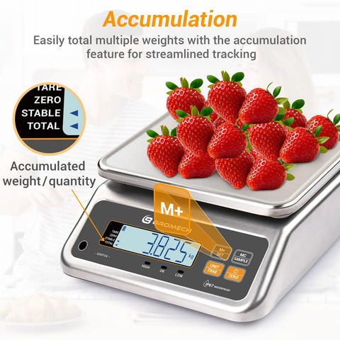 Pro Grade Commercial Food Scale With Pound And Ounce Conversions; strawberries on stainless-steel platform, buttons visible