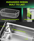 No Fuss One Touch Ultrasonic Cleaner With Heating Feature And Deep Clean Cycle A 3L Tank Eco Savvy Wash Unit with stainless steel tank and wire filter basket.