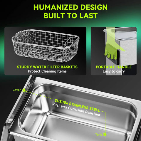 No Fuss One Touch Ultrasonic Cleaner With Heating Feature And Deep Clean Cycle A 3L Tank Eco Savvy Wash Unit with stainless steel tank and wire filter basket.