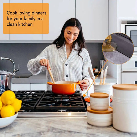 Woman cooking on stovetop with focus on Stove Gap Cover 21 Inch Silicone Gap Filler For Between Stovetop And Counter Heat Resistant