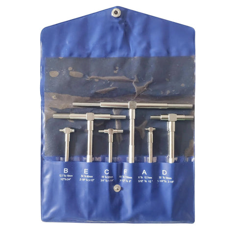 Six-piece telescoping bore gauge set (5/16–6 in) in blue pouch