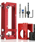 2-in-1 Door Hinge Jig and Lock Hole Drilling Kit, Adjustable Aluminum Router Template, includes drill bits and hole saw.