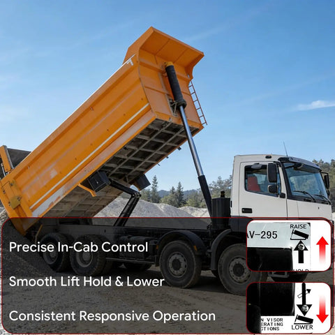 Dump truck using PTO Air Shift Control Valve With Push To Connect Fittings for hydraulic bed movement, durable metal construction.