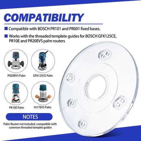 Dead Nuts Accurate Palm Router Subbase With Reinforced Round Base Plate And Upgrade Mounting Screws For Bosch PR10E PR20EVS And GKF125CE Models. Clear round base compatible with various Bosch palm routers.