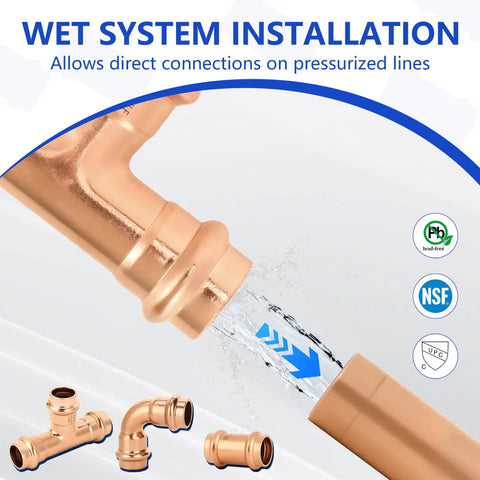 Half Inch Copper Press Fittings Kit 10 Pack With 2 Tees 3 Elbows 5 Couplings For Quick Press Plumbing, Tool Free Flame Free Install